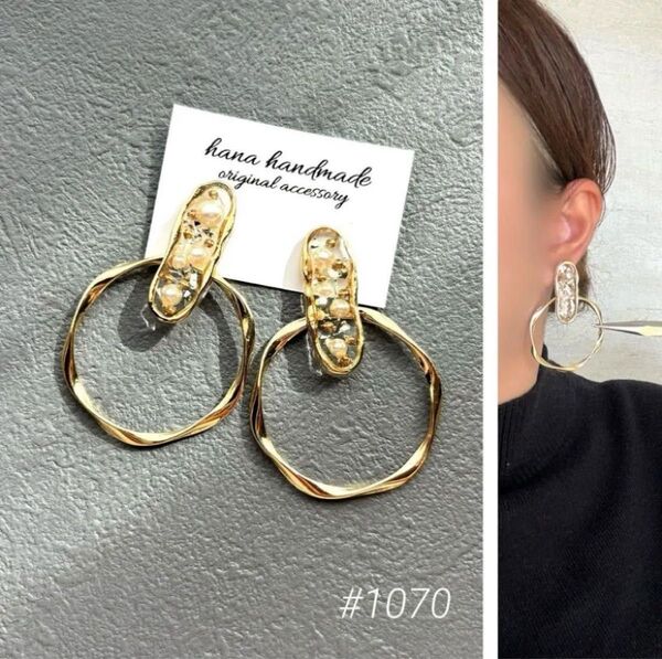 #1070 2way ゴールド フープ パール ハンドメイド ピアス イヤリング レジン ビジュー きれいめ 結婚式 大ぶり