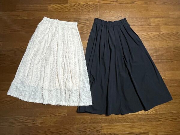 美品 2点セット ホワイト レース ブラック フレア アイロンレススカート Mサイズ 白 黒 ロングスカート ミモレ丈