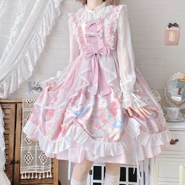 【新品】ロリータワンピース ピンク フリル レース リボン