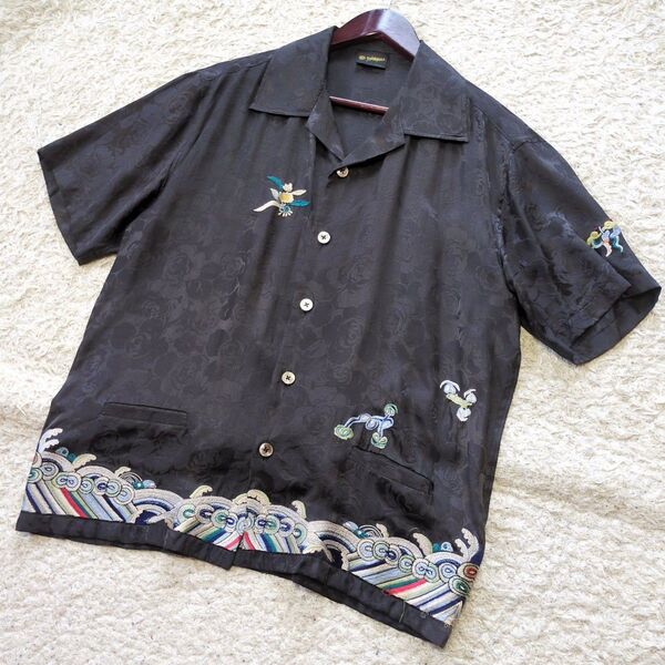 5-70【美品】JOHNBULL オープンカラーシャツ 半袖シャツシルク100% 刺繍 黒 サイズM