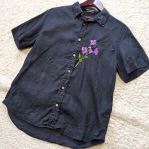 セール中5-33 PaulSmithポールスミス リネンシャツ 半袖シャツ花柄 刺繍 黒 ブラック サイズM 日本製