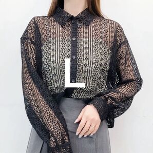 新品 rafraf レースシアーシャツ 中黒 ブラック L しまむら ブラウス シャツ トップス 長袖