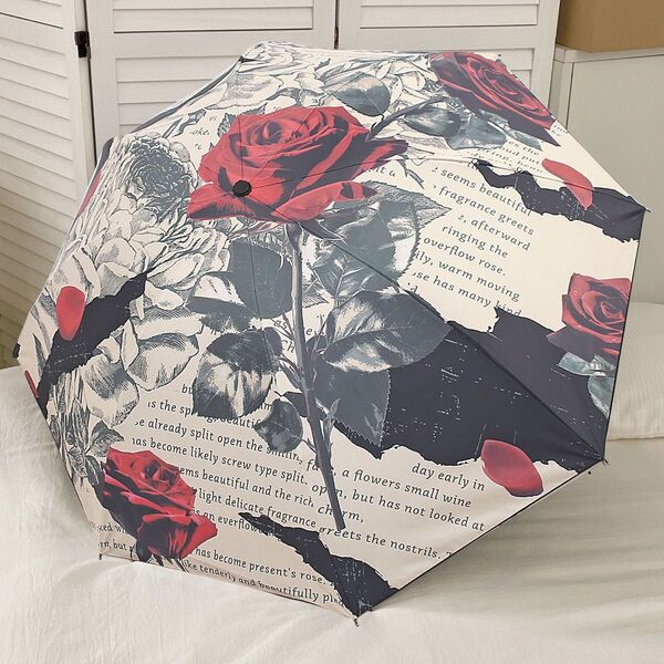 新発売 晴雨兼用日傘 折りたたみ傘 UVカット 日傘 雨傘 丈夫 ワンタッチ 便利 薔薇 バラ柄 花柄 赤 コンパクト オシャレ