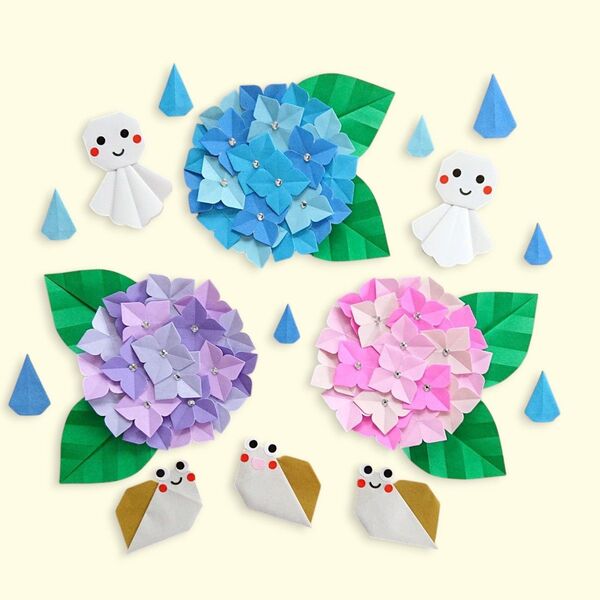 【折り紙】梅雨の壁面飾り 紫陽花 かたつむり てるてる坊主