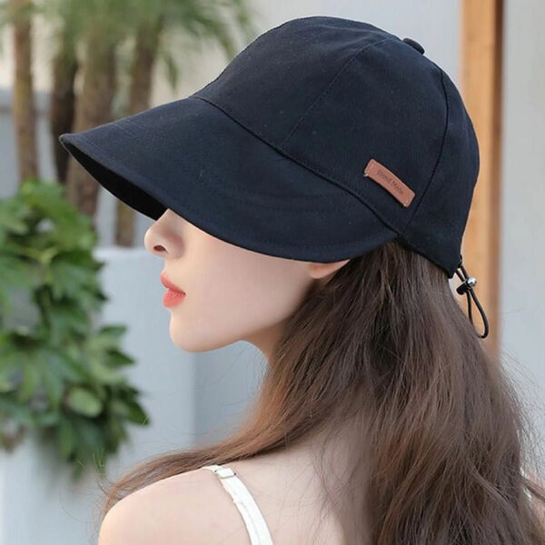レディース つば広帽子 黒 バケットハット キャップ 夏用日除け UVカット 帽子 アウトドア キャップ 折りたたみ 男女兼用
