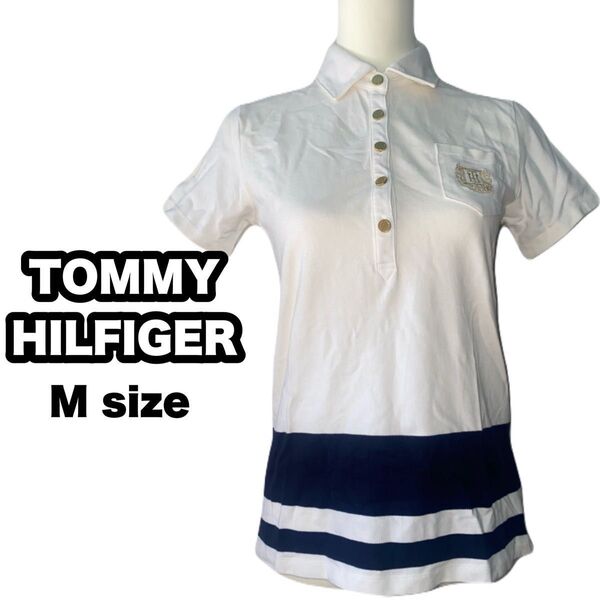 TOMMYHILFIGER トミーヒルフィガー 半袖 ポロシャツ レディース M ホワイト ネイビー ボーダー 金ボタン 春夏