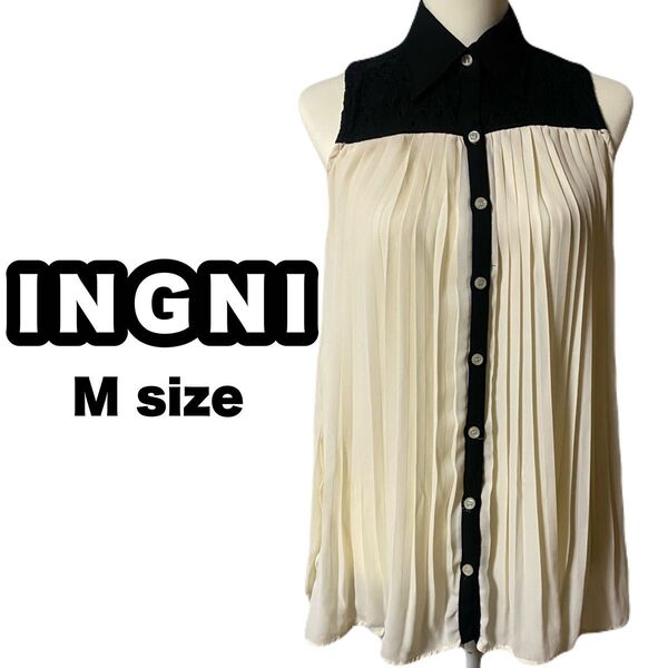 INGNI ノースリーブ チュニックシャツ トップス M 白×黒 レース プリーツ 夏服 きれいめ【No.02】