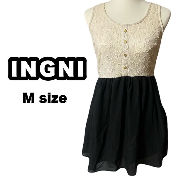 INGNI ノースリーブ 花柄レース ミニワンピース 白×黒 レディース M 夏服 可愛い【No.03】