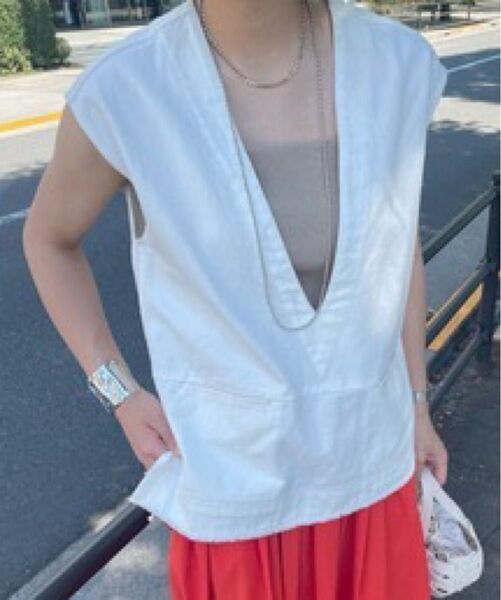 SHENERY シーナリー デニム ベスト ジレ ホワイト Vネック コットン フリーサイズ 春夏
