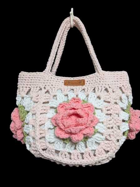 手編み★薔薇★グラニースクエア★モチーフ編み★コットンバッグ★