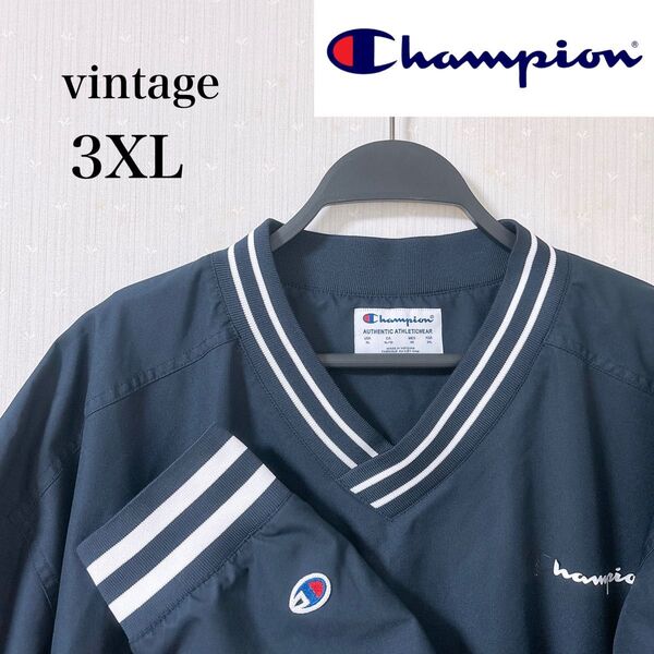 【USA古着】Champion チャンピオン プルオーバー ナイロン ジャケット 刺繍ロゴ メンズ 3XL ネイビー 90s