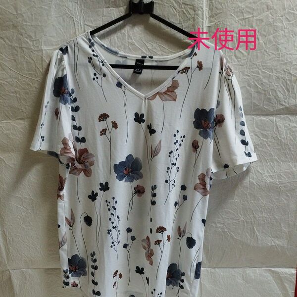 GLOBAL WORK Vネック花柄Tシャツ M ホワイト系