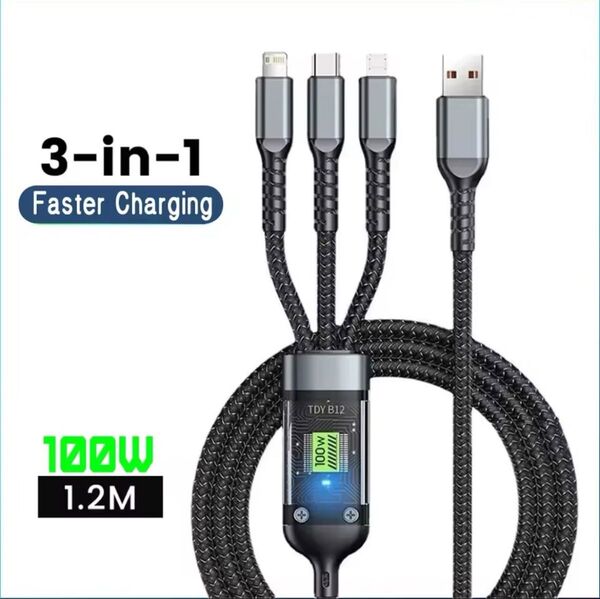 3in1 充電ケーブル 急速充電 100W 1.2m Type-C Micro USB Lightning