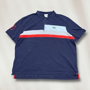 フランスデザインペルー製LACOSTEラコステポロシャツ半袖ネイビーボーダーワニロゴ刺繍
