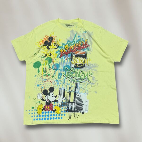 Mickey MouseミッキーマウスビンテージTシャツ黄色イエロー古着XL アート風ペンキスプラッシュ