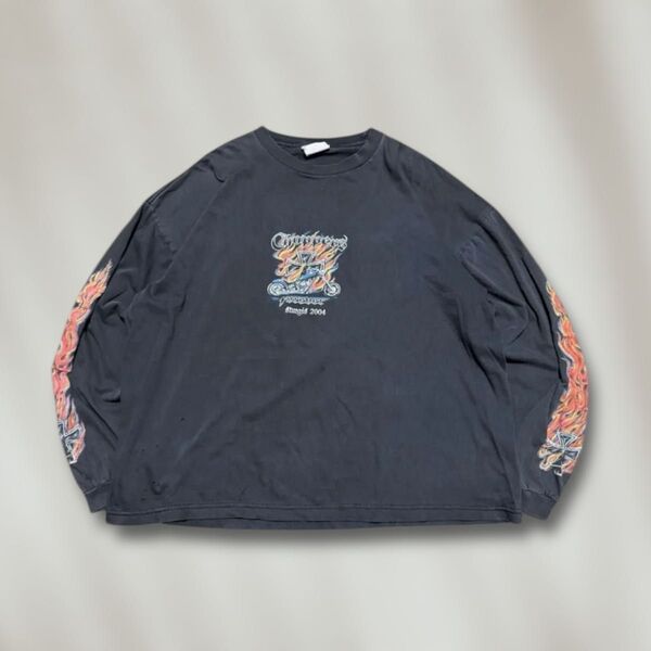 Chopper系ビンテージロンT フレイムアイアンクロスXL古着 バイク ハーレーダビッドソンカスタム長袖Tシャツ