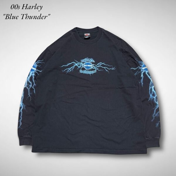 00s Harley-Davidson ハーレーダビッドソンロンT 長袖Tシャツ黒ブラック青稲妻blue thunder