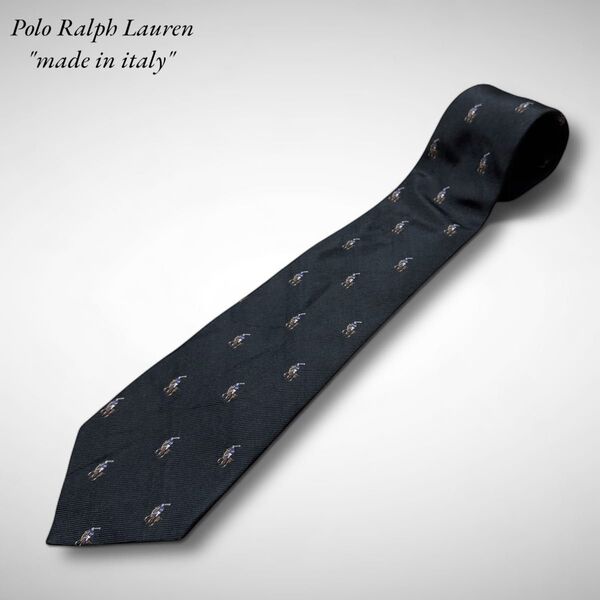 Polo by Ralph Laurenポロラルフローレン シルク ネクタイイタリア製Italy黒ブラックポニー総柄