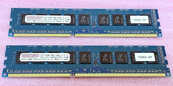 センチュリー CD8G-D3UE1600 2枚★PC3-12800E/DDR3-1600 ECC UDIMM 16GB@8GB