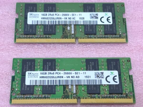 Hynix HMA82GS6JJR8N-VK 2枚★PC4-21300/DDR4-2666 SO-DIMM 32GB@16GB