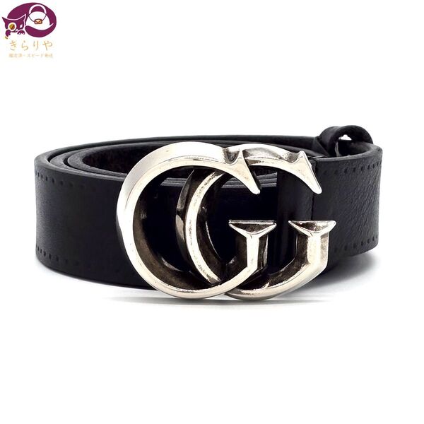 GUCCI グッチ 245859 ダブルG レザーベルト 80-32 全長97㎝ ブラックカラー シルバーカラーメタル イタリア製
