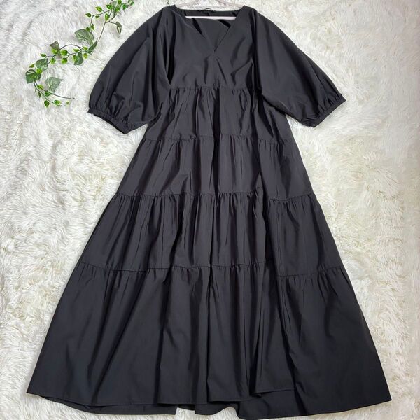 美品 ZARA ポプリンパネルティアードワンピース ロングワンピ ブラック XL