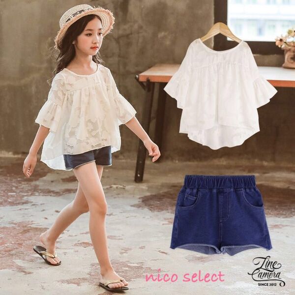 女の子 上下セット 120 シフォンブラウス デニムショートパンツ 韓国子供服