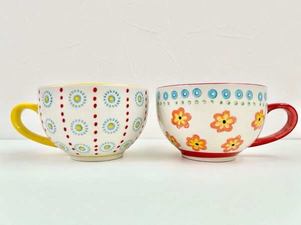 レトロ MOMO スープカップ 花柄 ドット柄 モモ マグカップ 陶器 ペア カップ イエロー レッド ポップ 2個 セット