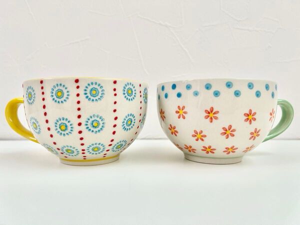 レトロ MOMO スープ カップ 花柄 ドット モモ マグカップ ペア イエロー ミント グリーン ポップ かわいい 2個セット