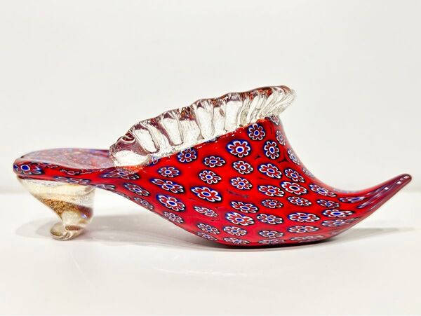 昭和 レトロ ベネチアン ガラス ムラーノ グラス ミルフィオリ 靴 イタリア 花柄 ガラス シューズ 靴 レッド パンプス 希少