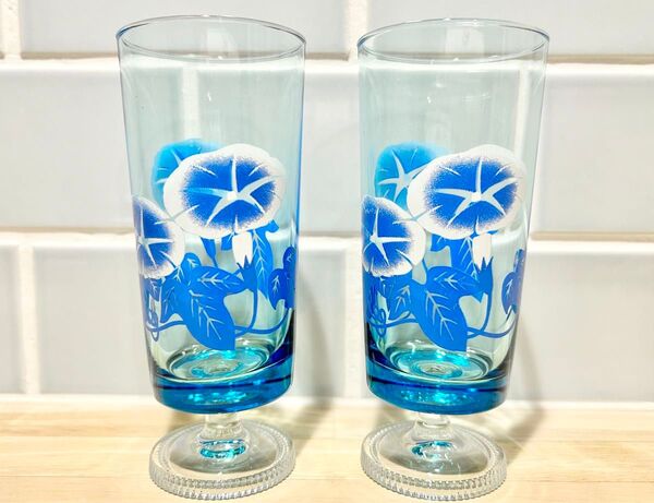 昭和レトロ アデリア 脚付 花柄 朝顔 ブルー セット レトロ グラス 青 美品 ポップ 当時物 ブルー ガラス タンブラー