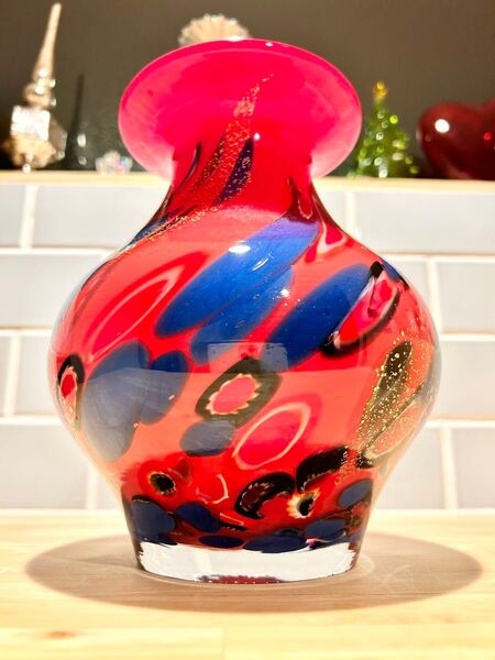 昭和レトロ KAMEI GLASS ミッドセンチュリー ガラス 花瓶 フラワーベース レトロ フラワースタンド ポップ 赤