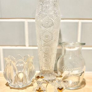 昭和レトロ カメイグラス ミッドセンチュリー フラワーベース フリル クリスタルカット 花瓶 セット天使 エンジェル