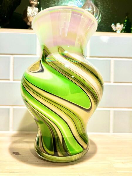 昭和レトロ カメイガラス 花瓶 フラワーベース ミッドセンチュリー GLASS ガラス 花器 インテリア 花入れ オーロラ