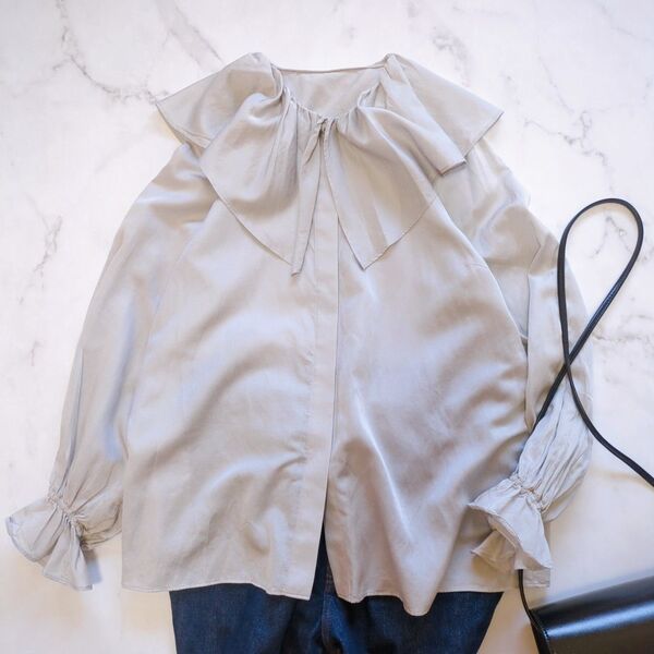 【美品】ボールジィ ビッグカラー ラッフルカラー フリル ブラウス コットンシルク トップス シャツ 長袖