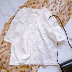 高島屋 スタイルプラス ブラウス 総刺繍 葉 花柄 半袖 レース コットン L 白