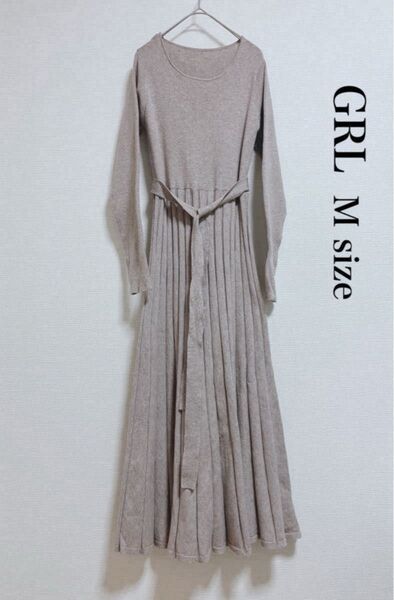 【GRL】グレイル ニットワンピース ロングワンピ 上品 ロング リボン 長袖 無地 綺麗め