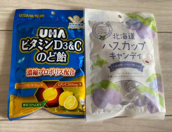 新品未開封菓子 UHA味覚糖 ビタミンD3&Cのど飴 プロポリス 北海道ハスカップキャンディ 2点セット 喉ケア