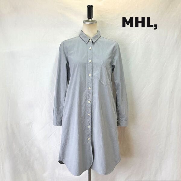 美品 MHL. シャツワンピース ワンピース Ⅱ M コットン ロングシャツ シャツ ブルー マーガレットハウエル
