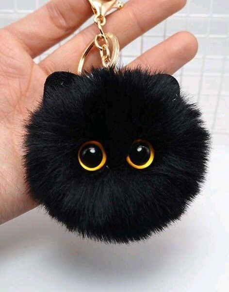 猫 ネコ ポンポン バッグチャーム キーホルダー ブラック 黒