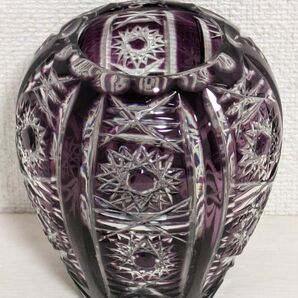 フラワーベース 花瓶 カットガラス製 バイオレット 紫色 自宅飾り保管品