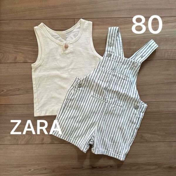 80 デニム オーバーオール ストライプ タンクトップ 古着 海外 80サイズ サロペット ロンパース ZARA ザラ ザラベビー