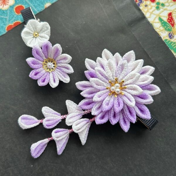 紫 パープル グラデーション お花の髪飾りセット 浴衣 七五三 袴 甚平 和装 キッズアクセサリー ヘアクリップ 夏祭り