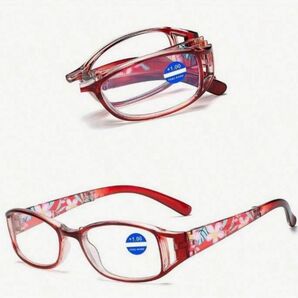 おしゃれ!コンパクト!折りたたみ式リーディンググラス +1.0 レッド老眼鏡 花柄