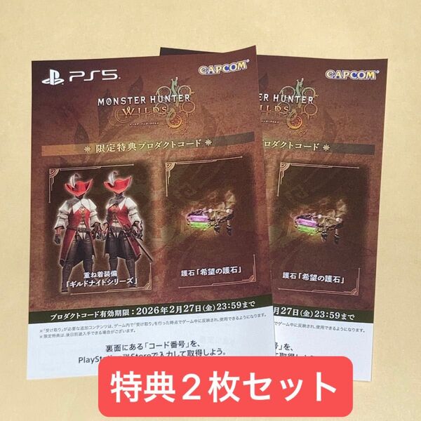 特典 コードのみ 2枚セット 未使用 モンスターハンターワイルズ プロダクトコード PS5 ギルドナイトシリーズ 希望の護石