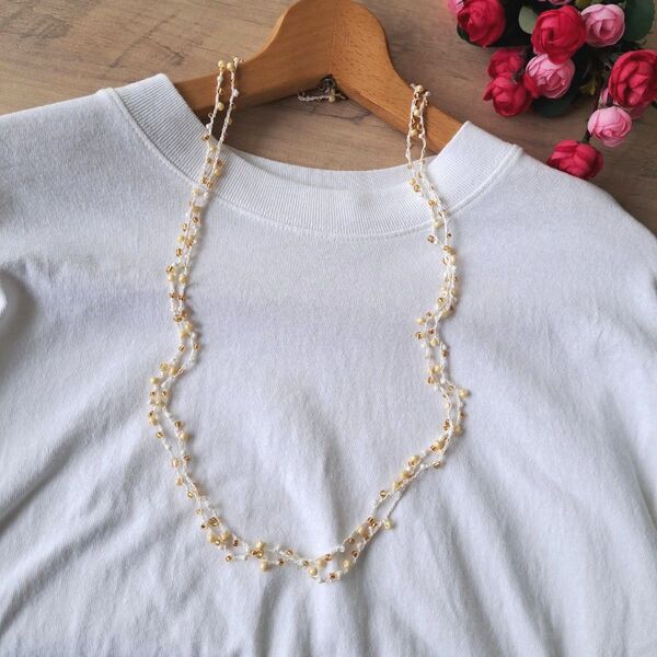No.60 ビーズクロッシェネックレス ハンドメイド ビーズネックレス ビーズアクセサリー レディースネックレス ベージュ