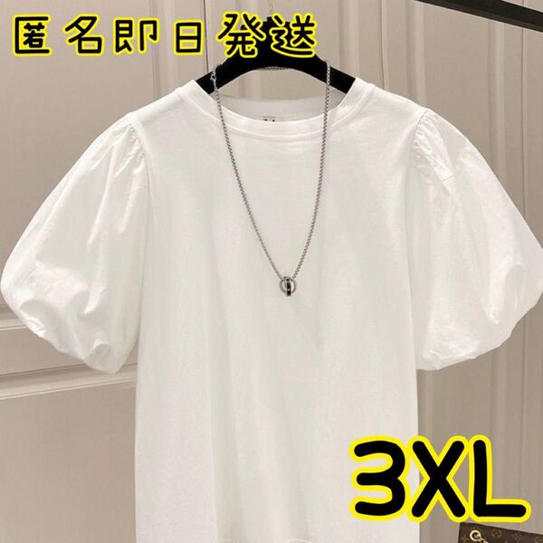 Tシャツ 半袖 バルーン レディース パフスリーブ ボリューム袖 綿 白 3XL