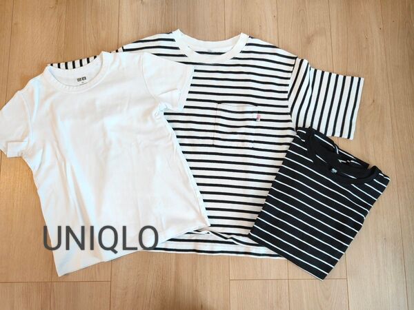 UNIQLO M 3点セット ストライプ 半袖Tシャツ フレンチスリーブカットソー レディース ボーダー ホワイト ブラック 白黒
