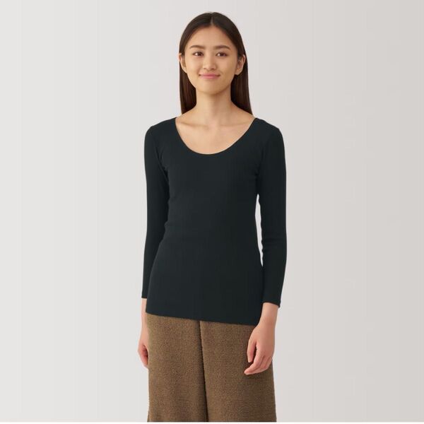 無印良品 綿であったか Uネック八分袖Tシャツ L 黒 インナー 婦人 ブラック 綿であったかインナー