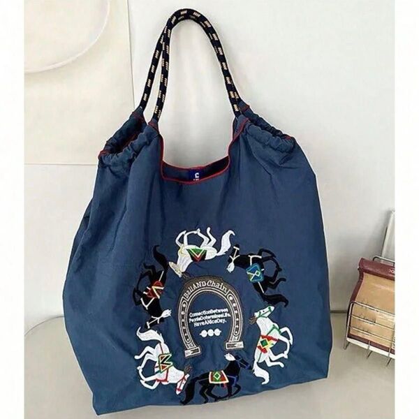 レディース 刺繍バック 馬 トートバッグ エコバッグ ホース 新品未使用 グレー ネイビー 丈夫 軽量 ショッピングバック